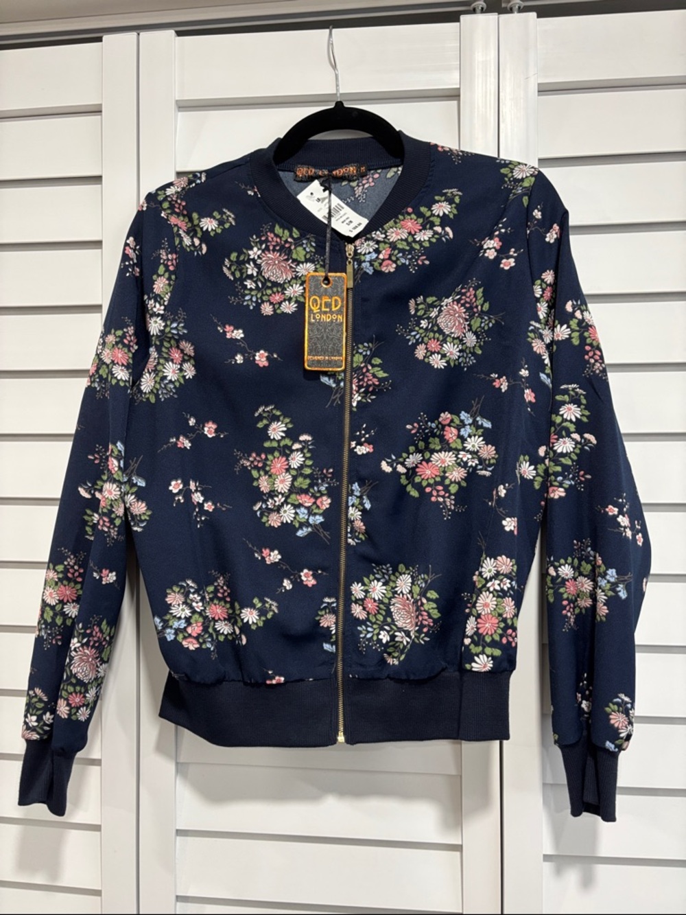 QED London Navy Floral Bomber Jacket with Pink & Green Accents